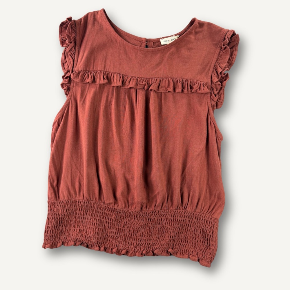 Moa Moa Rust Red Ruffle Smocked Sleeveless Blouse Top Large Boho Cottagecore